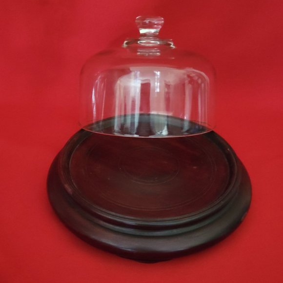 Glass Dome and Wooden Cheese Platter Butter Dish - Picture 9 of 11
